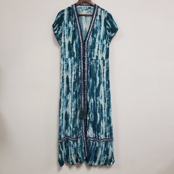 Soft Surroundings Womens Artsy Short Sleeve Maxi Dress Size M Blue Boho Gypsy - Picture 1 of 10